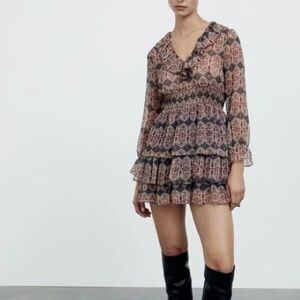 Zara V Neck Ruffle Trim Mini Dress Rust Geo Paisley Boho Cottagecore Sz S